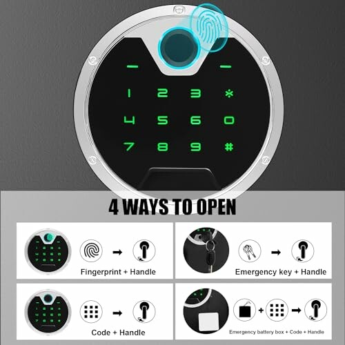 Smart lock with four unlocking methods: fingerprint, emergency key, code, and emergency battery box.