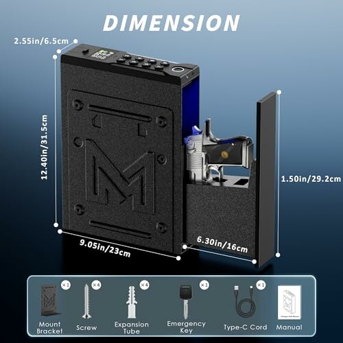 Smart lock safe with dimensions and included accessories.