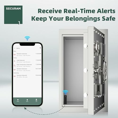 Smartphone displaying alerts next to an open secure safe.
