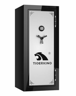 Tall black and silver security safe with digital keypad and handle.