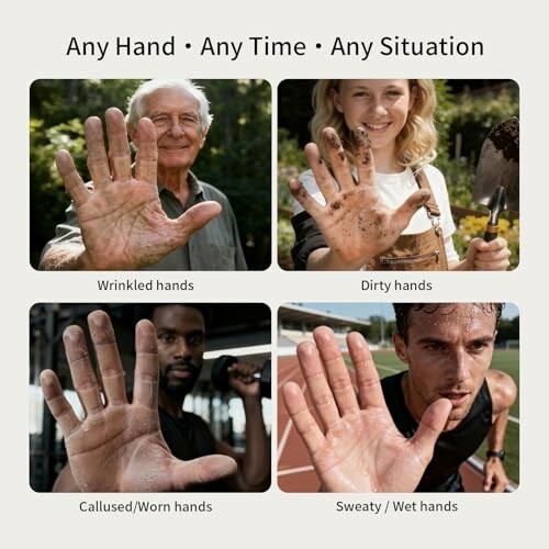 Collage of four people showing hands in different conditions: wrinkled, dirty, callused, and sweaty.