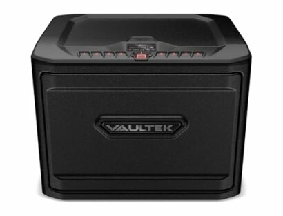 Black Vaultek gun safe with digital keypad and biometric lock