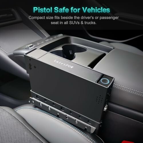 Pistol safe installed in a vehicle's center console.