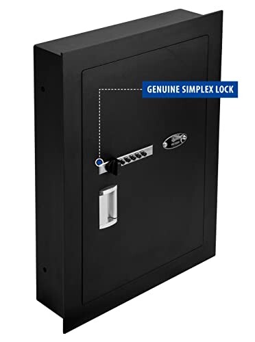 Black wall-mounted safe with genuine Simplex lock.