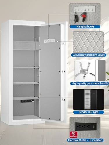 White safe with open door showing shelves, velvet interior, metal handle, LED light, and electrical outlet.