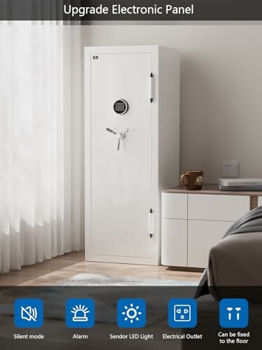 White safe locker with electronic panel and features listed.