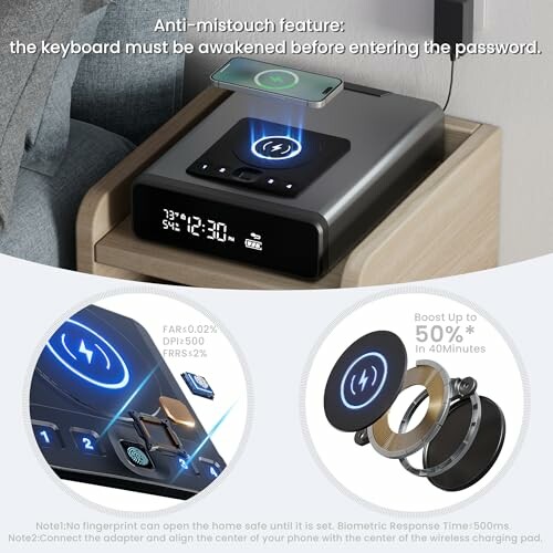 Wireless charging alarm clock with anti-mistouch feature and fast charging.