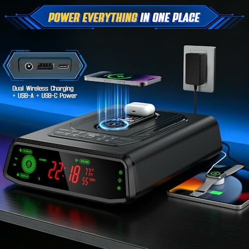 Wireless charging station with dual USB ports and clock display.